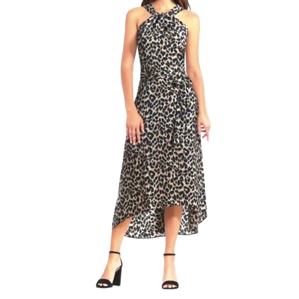 Gigi Parker Leopard Print Twisted High Neck Knot Halter Midi Dress Sz Medium